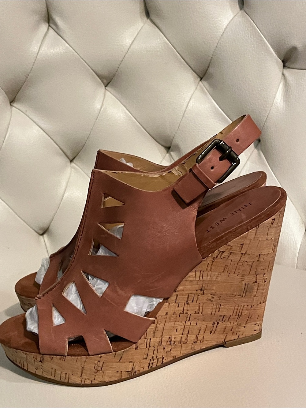 Nine West Brown Leather Cutout Cork Wedge Sandals Size 8 Beautiful - Picture 5 of 9